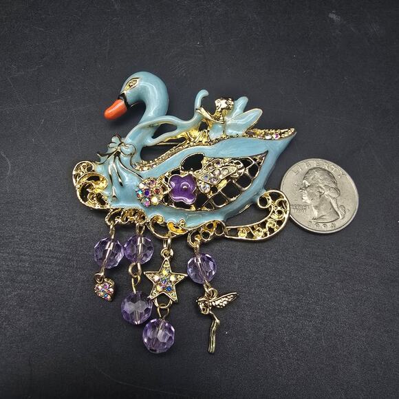 Powder Blue Enamel Swan Brooch Purple Gold Tone Charms Whimsical - Picture 2 of 7